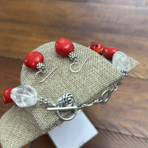 Coral and quartz necklace and earrings Silver clasp - Picture 3 of 3